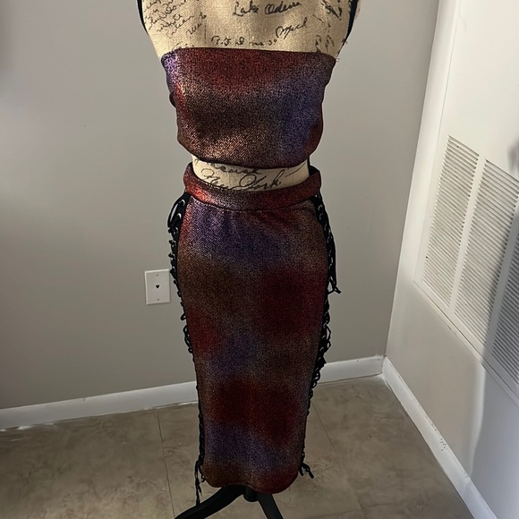 Fashion Nova Metallic  Colorful Skirt Set with Open Sides - Picture 2 of 7